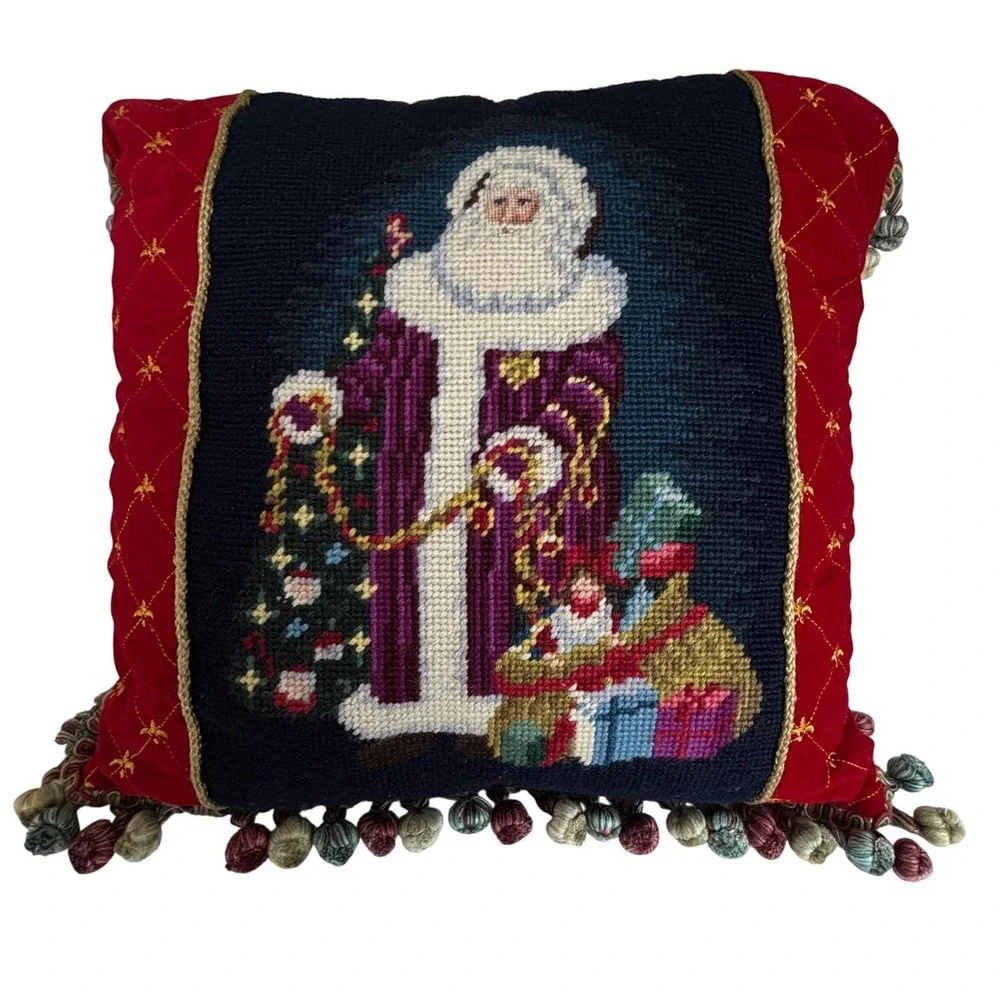 Vtg Needlepoint Pillow Santa Claus Christmas‎ Velvet Wool Tassle Fleur de Lis